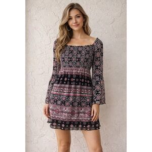 INC International Concepts Boho Peasant Dress Black Pink Off Shoulder Stretch